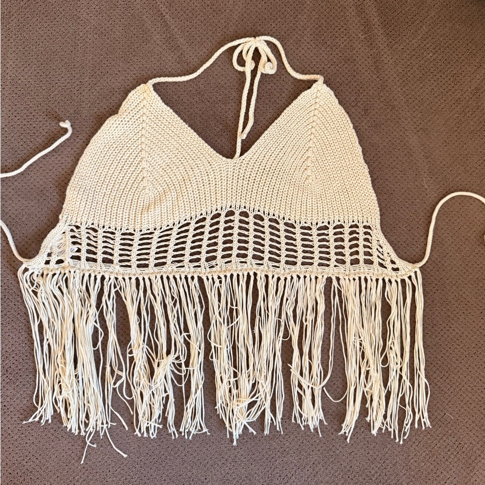 Crochet Fringe Trim Tie Backless Cut Out Halter